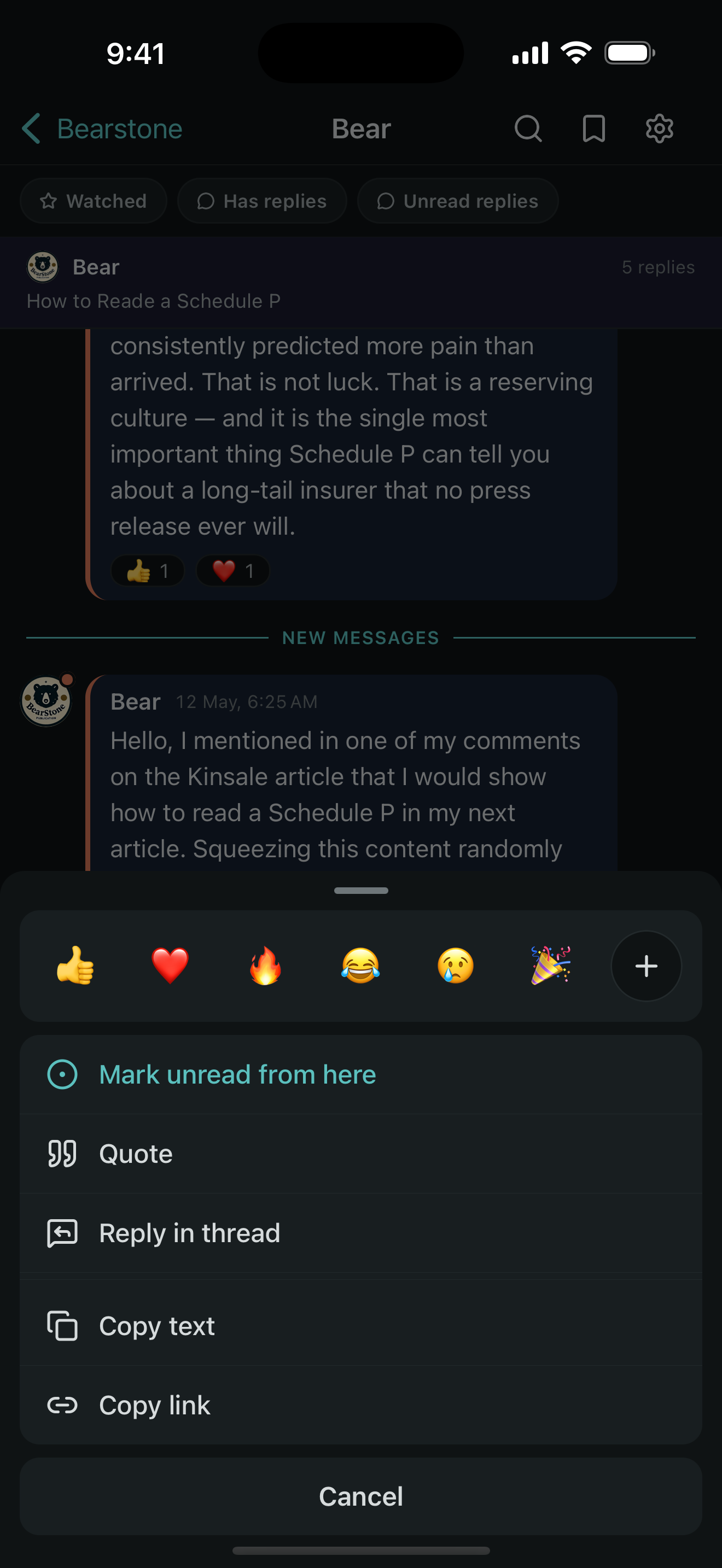 Vurro message actions: react, quote, reply in thread, copy