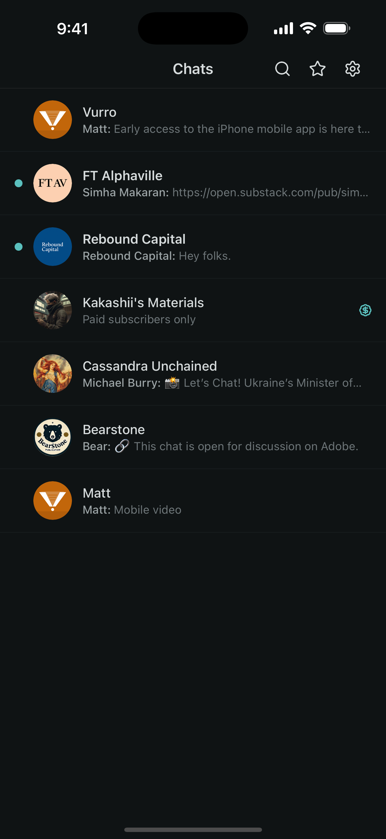 Vurro for iPhone showing the Chats list across several Substack publications