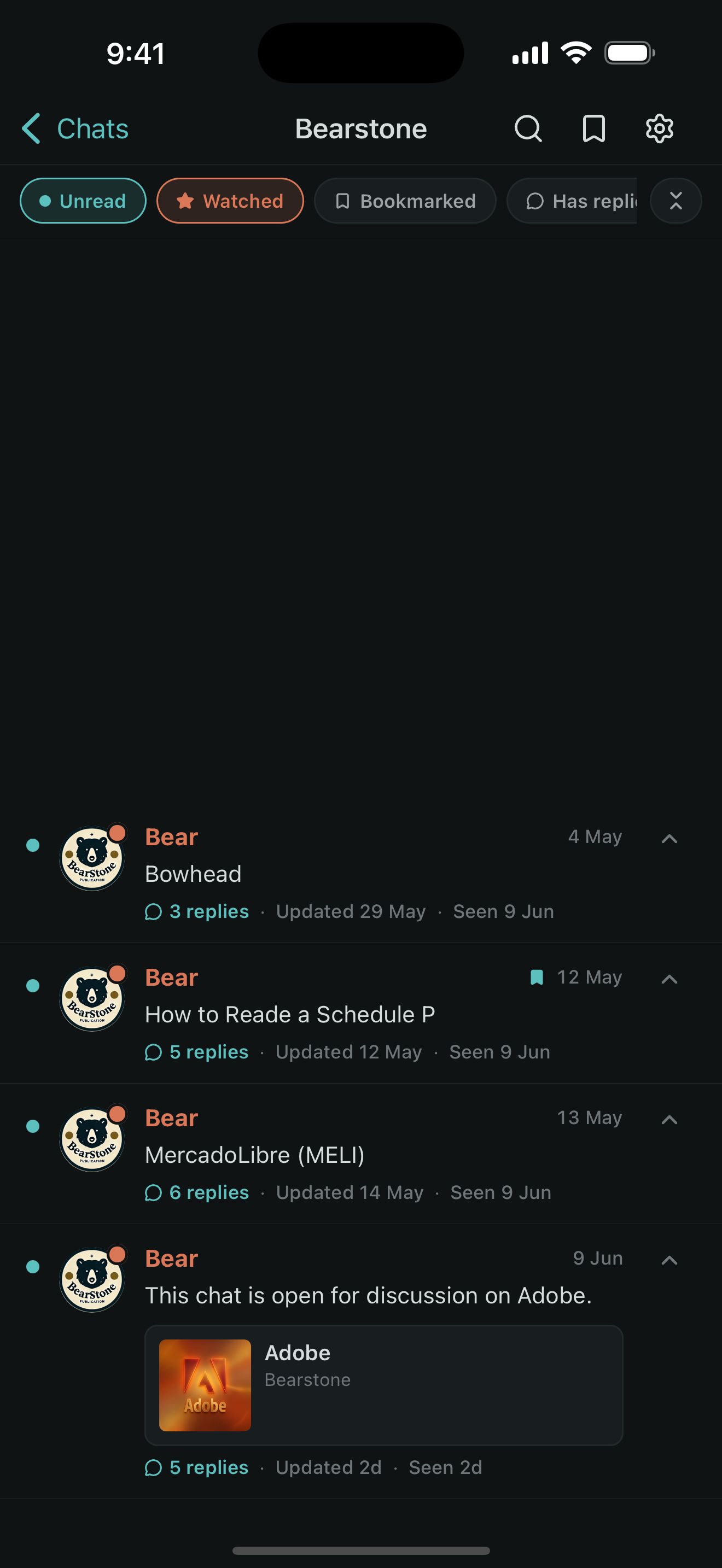 Vurro thread list filtered to Unread and Watched messages