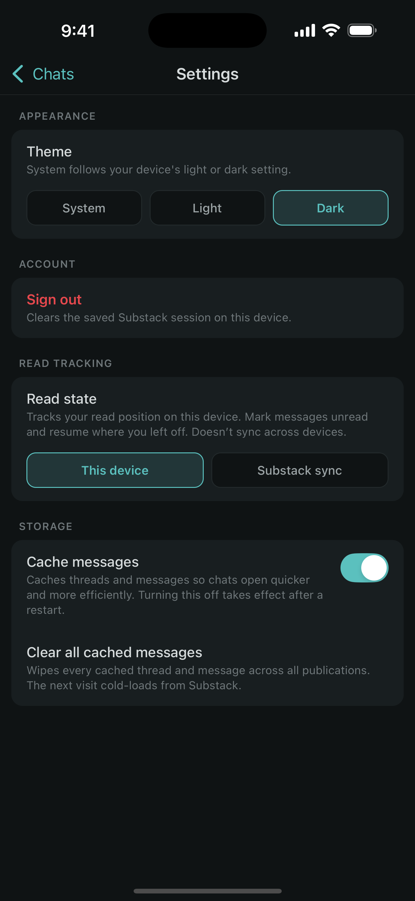 Vurro Settings screen with the per-device read-state tracking control